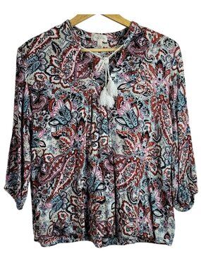 Bailey & Chloe Women Paisley Top Black Pink Small Pullover 3/4 Sleeve Tie Tassle